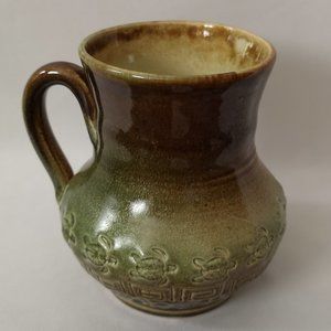 Studio Art Pottery Signed Vase / Pitcher Earthtones with Sea Turtle & Greek Key
